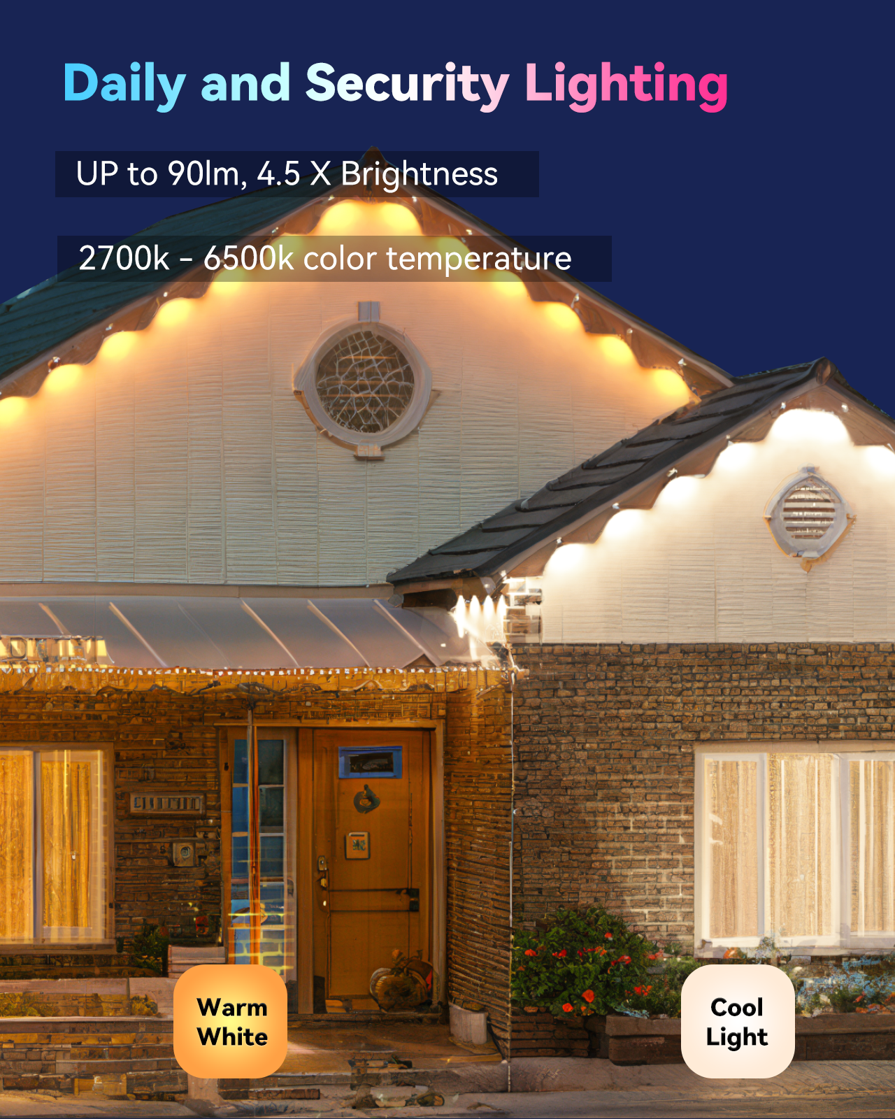 ASAHOM Permanent Outdoor Lights Pro, 50ft with 36 RGBCW LED Smart Eave Lights, 3200lm Super Bright, IP67 Waterproof, 100 Scenes Modes for Halloween Christmas Party Daily House Lighting, APP/Voice/Remote Control, White