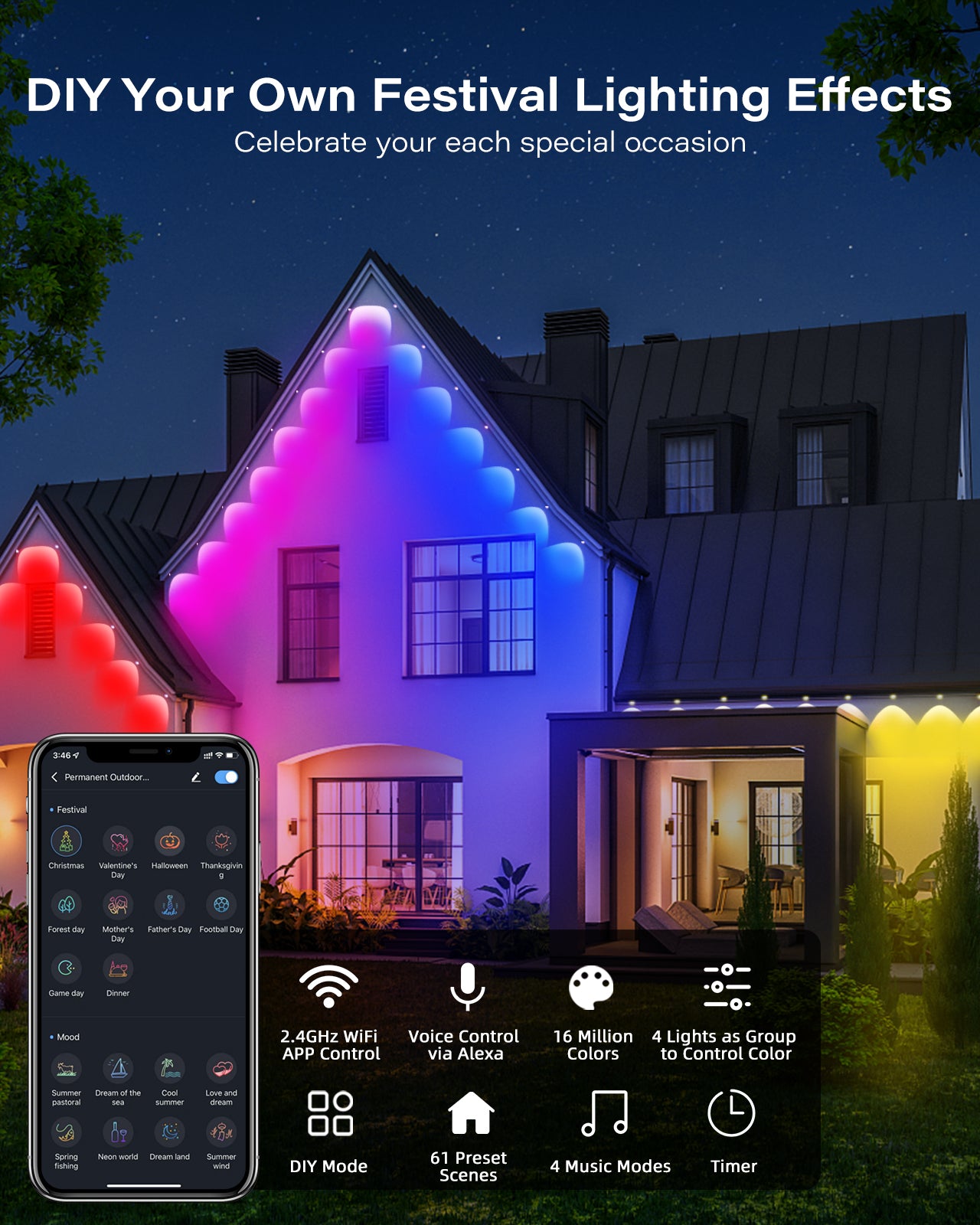 ASAHOM Permanent Outdoor Lights, 100ft Smart RGB Outdoor Lights Alexa with 61 Preset Scenes, IP67 Waterproof 72 LED Eaves Lights for Party, Holiday, Game Day, Daily Lighting, Smart APP & Voice Control