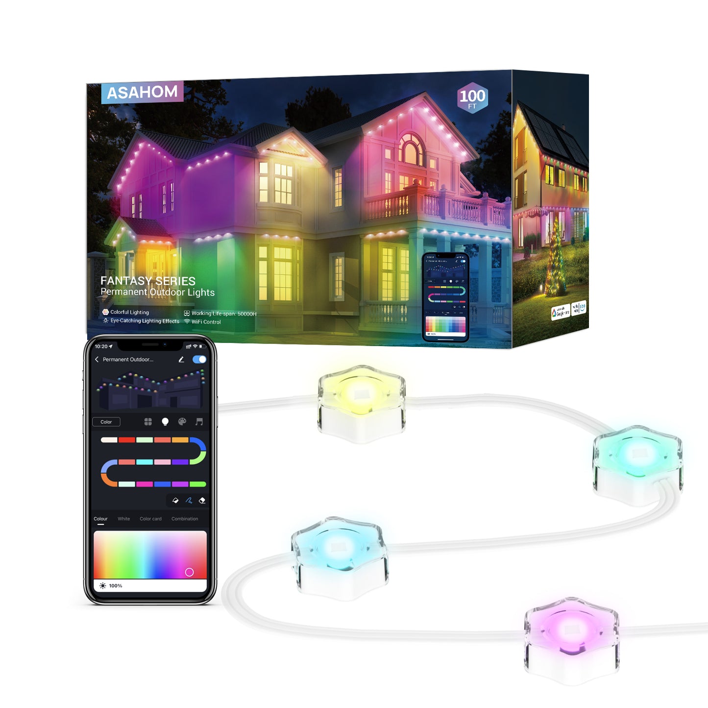 ASAHOM Permanent Outdoor Lights, 100ft Smart RGB Outdoor Lights Alexa with 61 Preset Scenes, IP67 Waterproof 72 LED Eaves Lights for Party, Holiday, Game Day, Daily Lighting, Smart APP & Voice Control