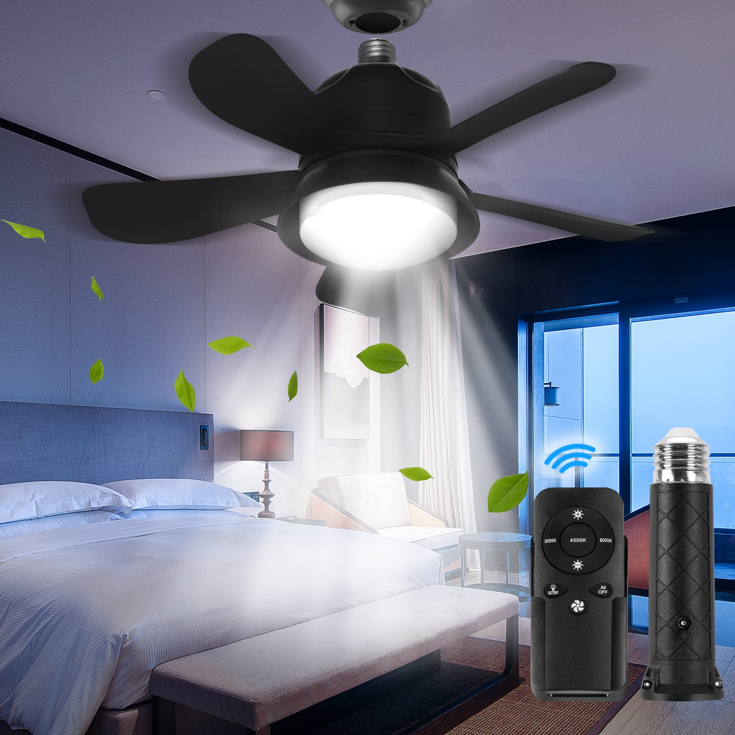 ASAHOM Socket Fan Light, Ceiling Fans with Lights and Remote, 1000 Lumens LED Ceiling Fan with Lights, 3 Light Modes, Powerful Airflow, Screw in Ceiling Fan for Bedroom, Kitchen, Living Room, Garage