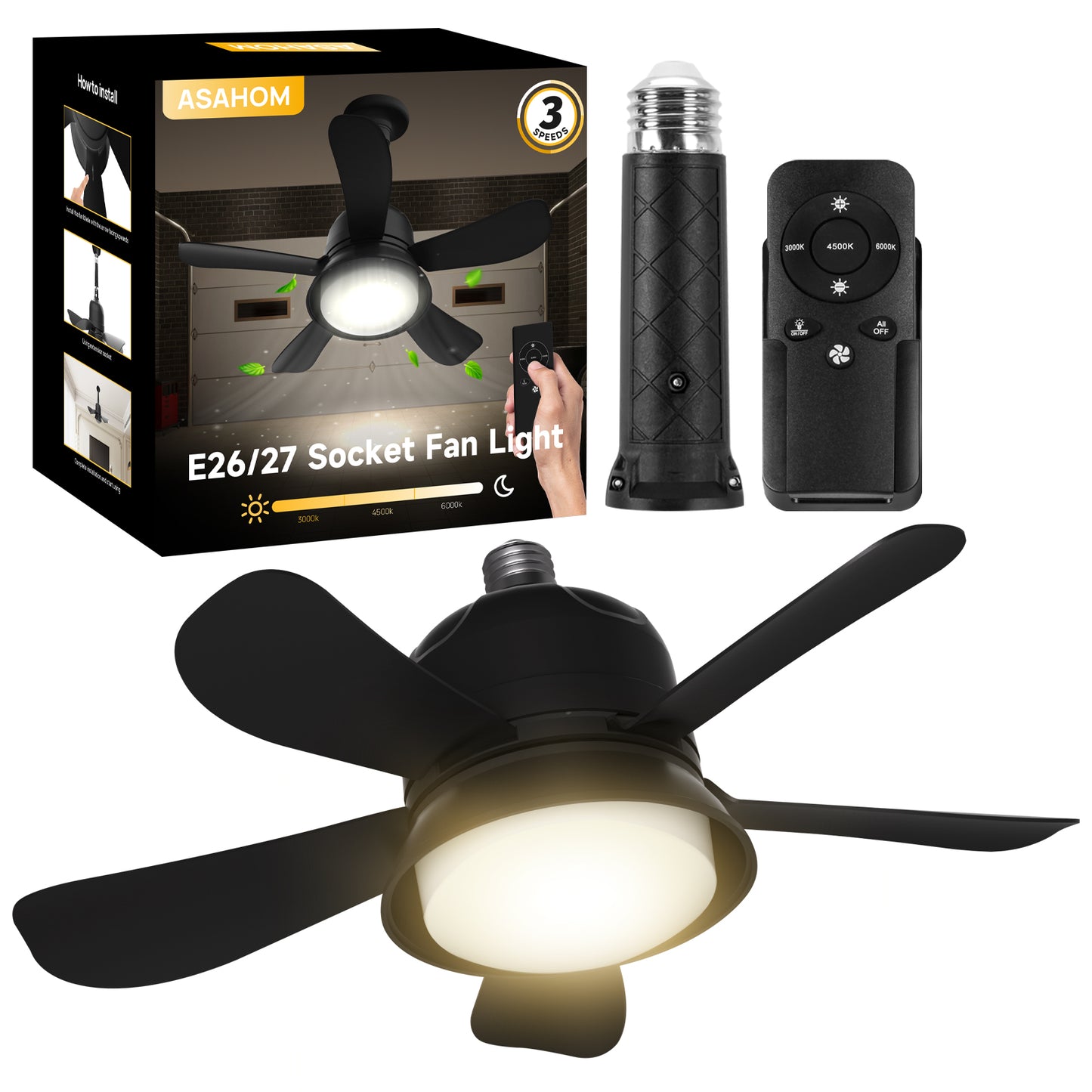 ASAHOM Socket Fan Light, Ceiling Fans with Lights and Remote, 1000 Lumens LED Ceiling Fan with Lights, 3 Light Modes, Powerful Airflow, Screw in Ceiling Fan for Bedroom, Kitchen, Living Room, Garage