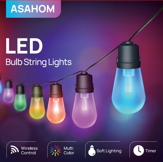 RGB Outdoor String Lights, ASAHOM 48FT Shatterproof Dimmable Patio Lights, Bluetooth App Control, 15 Multi-Color Smart LED Bulbs, IP65 Waterproof Connectable for Backyard Garden Party Bistro Indoor