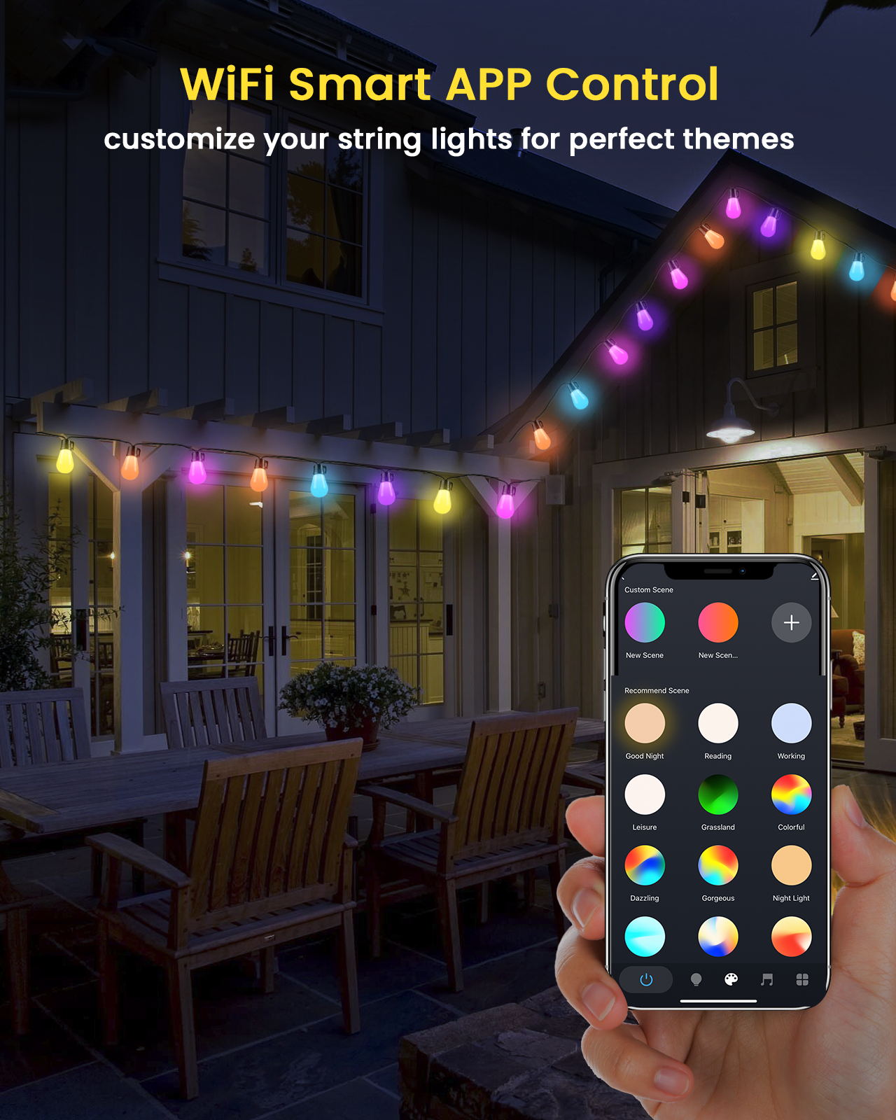 ASAHOM 48FT Smart LED Outdoor String Lights, Shatterproof RGB Patio Lights, WiFi App Control & Voice Control, Multi-Color LED Bulbs, Waterproof Hanging Lights String for Outside Backyard Garden Party