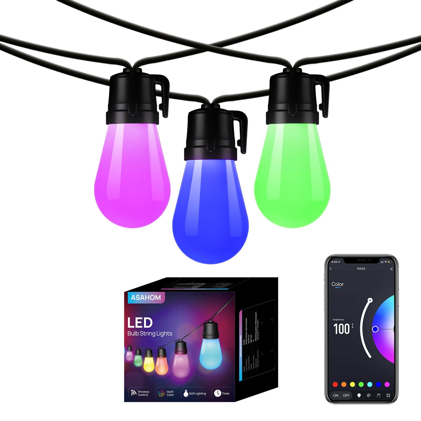 RGB Outdoor String Lights, Bluetooth App Control, ASAHOM 48FT Color Changing Dimmable Patio Lights, 15 Multi-Color Smart LED Bulbs, IP65 Waterproof Shatterproof Connectable for Backyard Garden Party