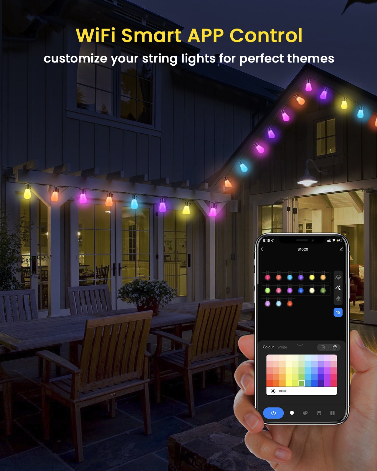 Smart LED Outdoor String Lights, ASAHOM 48FT Waterproof Shatterproof Dimmable RGB Patio Lights, APP Control, Individual Bulb Control the Color, Commercial Connectable Hanging Lights for Backyard Party