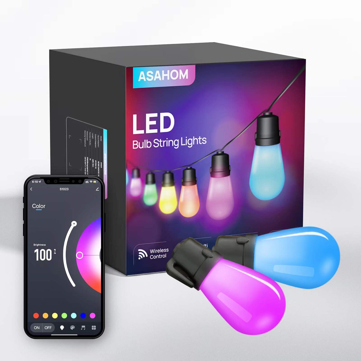 RGB Outdoor String Lights, Bluetooth App Control, ASAHOM 48FT Color Changing Dimmable Patio Lights, 15 Multi-Color Smart LED Bulbs, IP65 Waterproof Shatterproof Connectable for Backyard Garden Party