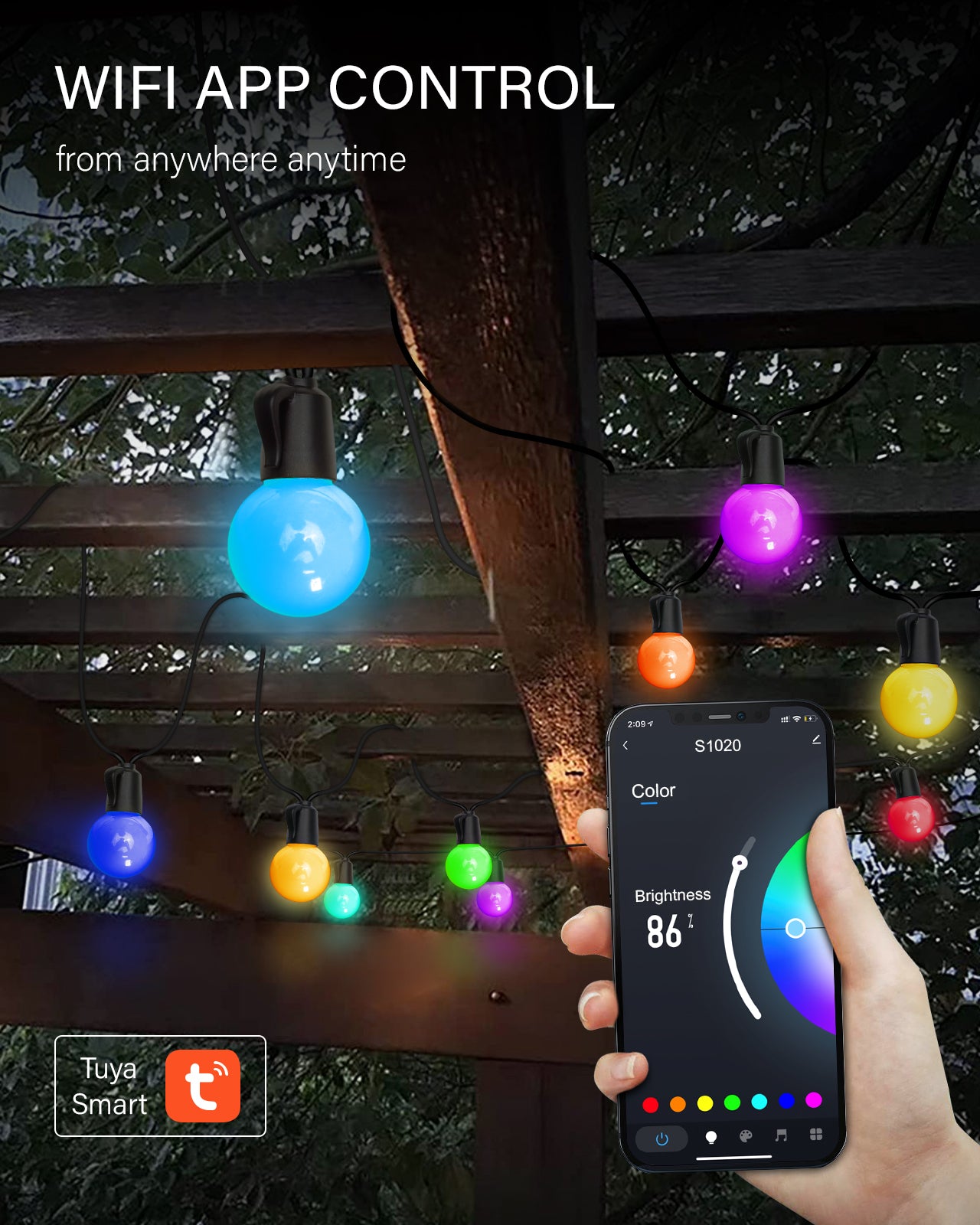 Smart RGB Outdoor String Lights, ASAHOM 50FT G40 Waterproof Dimmable Globe Patio Lights with 25 Shatterproof LED Bulbs, WiFi APP Control & Voice Control, Connectable Hanging Lights for Party Backyard