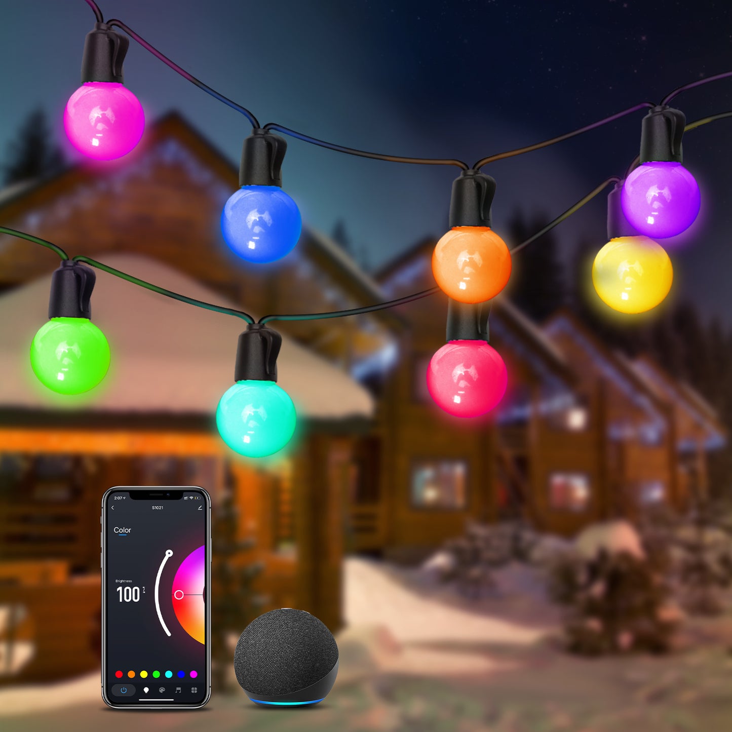 Smart RGB Outdoor String Lights, ASAHOM 50FT G40 Waterproof Dimmable Globe Patio Lights with 25 Shatterproof LED Bulbs, WiFi APP Control & Voice Control, Connectable Hanging Lights for Party Backyard