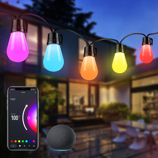 ASAHOM 48FT Smart LED Outdoor String Lights, Shatterproof RGB Patio Lights, WiFi App Control & Voice Control, Multi-Color LED Bulbs, Waterproof Hanging Lights String for Outside Backyard Garden Party
