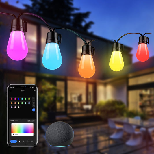 Smart LED Outdoor String Lights, ASAHOM 96FT Waterproof Shatterproof Dimmable RGB Patio Lights, WiFi App Control & Voice Control, Multi-Color LED Bulbs, Connectable Hanging Lights for Party Backyard