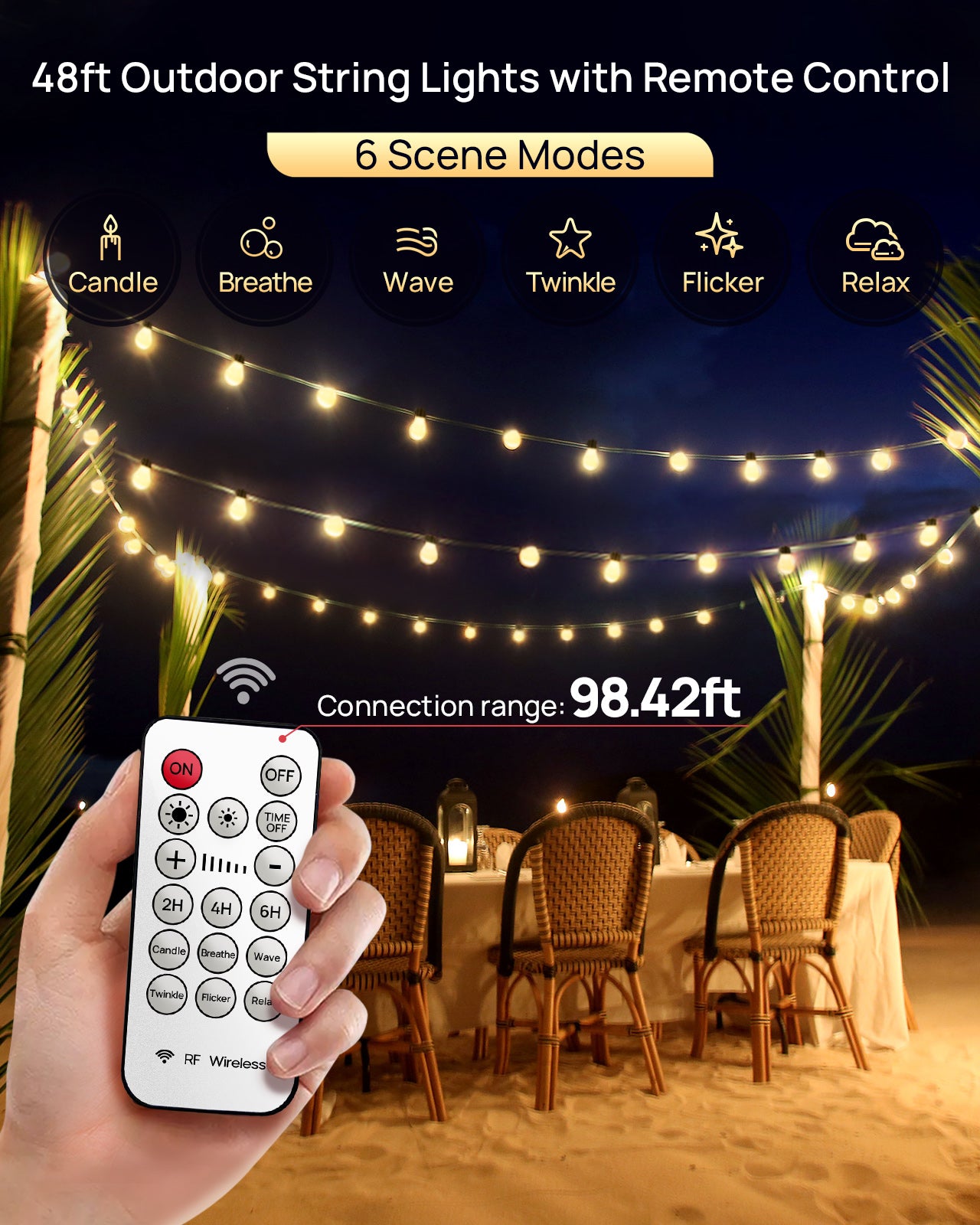 LED Outdoor String Lights with Remote, ASAHOM 48FT Shatterproof Dimmable Patio String Light with 15 LED Bulbs, Waterproof Hanging Lights String for Outside Backyard Porch Bistro Party Garden Wedding