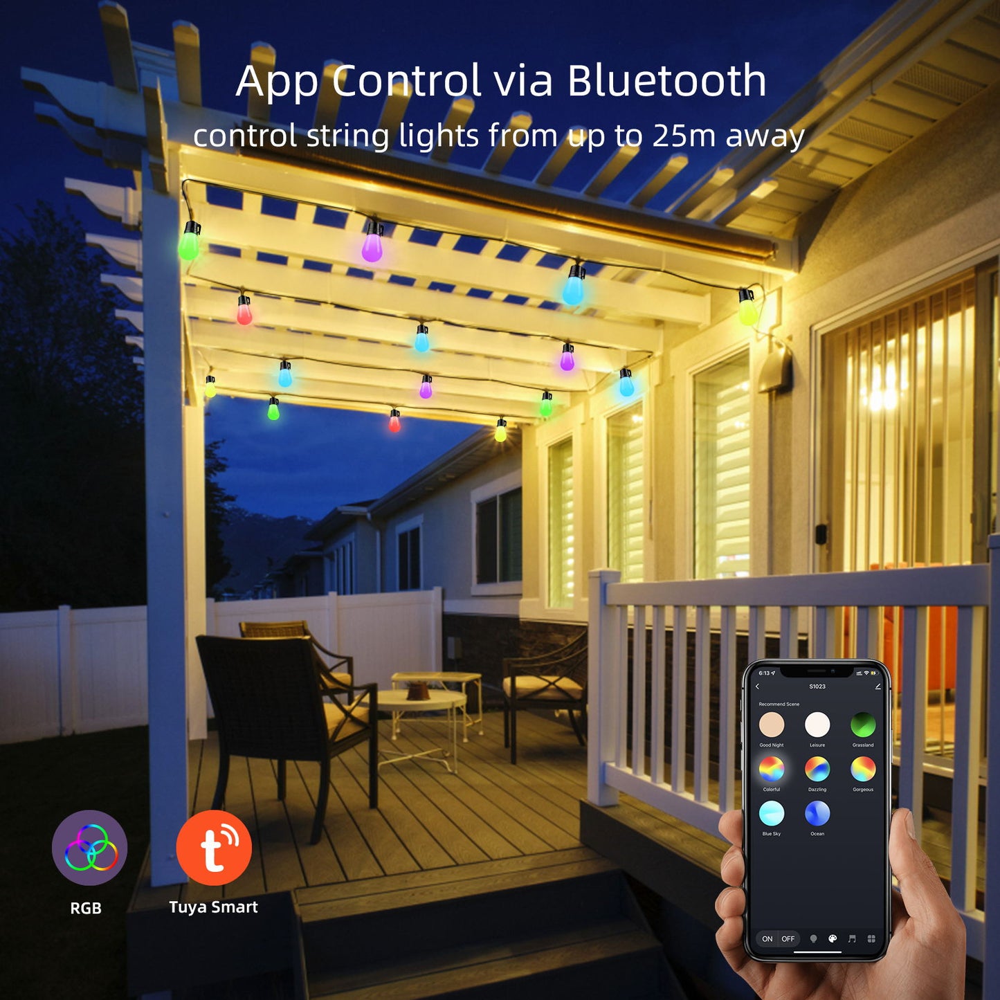 RGB Outdoor String Lights, Bluetooth App Control, ASAHOM 48FT Color Changing Dimmable Patio Lights, 15 Multi-Color Smart LED Bulbs, IP65 Waterproof Shatterproof Connectable for Backyard Garden Party