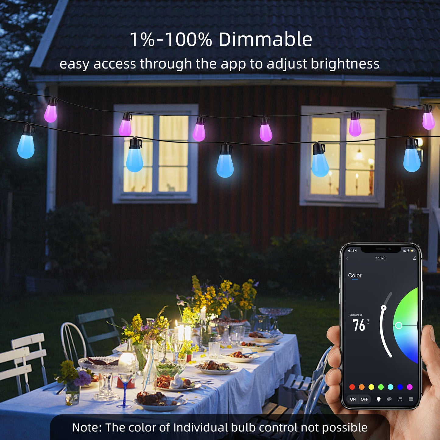 RGB Outdoor String Lights, Bluetooth App Control, ASAHOM 48FT Color Changing Dimmable Patio Lights, 15 Multi-Color Smart LED Bulbs, IP65 Waterproof Shatterproof Connectable for Backyard Garden Party